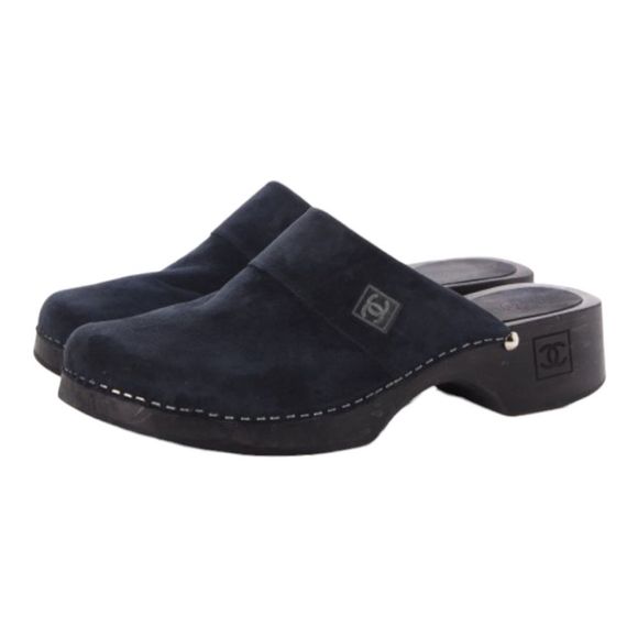 CHANEL Shoes - Chanel Logo Suede Slip On Clogs